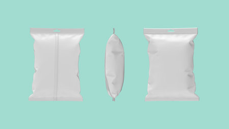 3D rendering of a renderd concept model plastic wrap hanging sack sachet packaging isolated on empty...