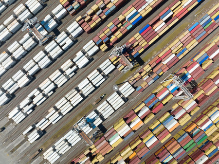 Rotterdam, 18th of april 2022, The Netherlands. Container terminal logistic ship loading and unloading of import and export dock commercial harbour aerial drone view. freight businessのeditorial素材