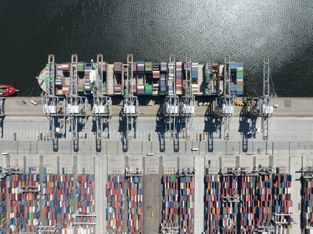 Container shipping terminal in the port harbour. import export and loading and unloading of...