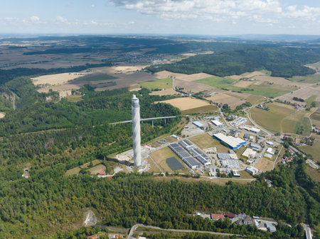 Rottweil, 15th of August 2022, Germany. The TK Elevator Test Tower is an elevator test tower. 246 meters or 807 feet high. high speed elevator test chamber building. Aerial drone overhead view.のeditorial素材