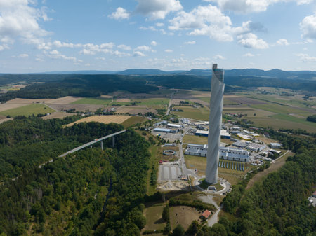 Rottweil, 15th of August 2022, Germany. The TK Elevator Test Tower is an elevator test tower. 246 meters or 807 feet high. high speed elevator test chamber building. Aerial drone overhead view.のeditorial素材