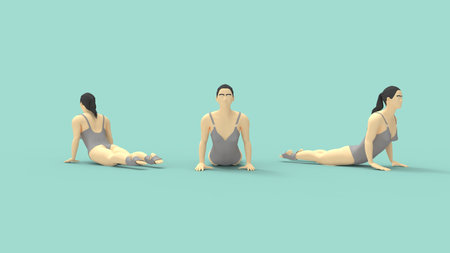 3D rendering of a woman practicing yoga stretching on a mat. Sports activity health lifestyle isolated in empty studio space background. Computer dummy model. Hobby sports fitness.の写真素材