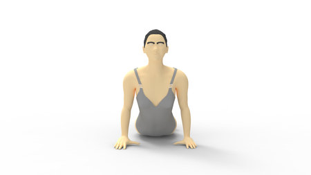 3D rendering of a woman practicing yoga stretching on a mat. Sports activity health lifestyle isolated in empty studio space background. Computer dummy model. Hobby sports fitness.の写真素材