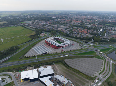 Alkmaar, 21th of September 2022, The Netherlands. The AFAS Stadium Dutch football stadium home of Dutch football club AZ. Aerial drone overview. Stadium facade building structure.のeditorial素材