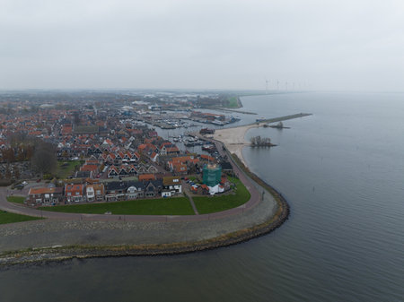 Urk former island andmunicipality in the province of Flevoland in the Netherlands. most religious municipality in the Netherlands. close-knit community. Largest fishing fleet. Aerialの写真素材