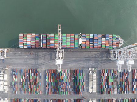 Le Havre, 19th of May 2023, France. The container harbor terminal of le Havre in France. Top down view.の写真素材