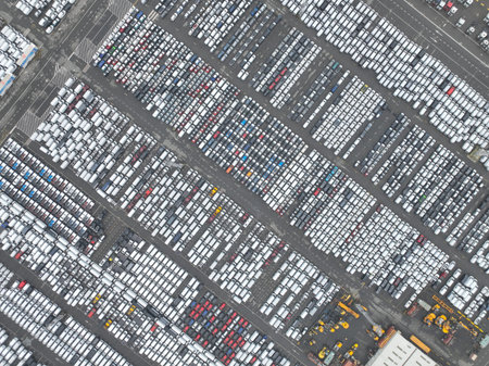 Aerial top down drone view on car terminal, cars and vehicles ready for transport over seas. Cars...