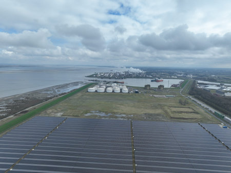 Aerial drone view on the tank terminal of Terneuzen and the chemical park in the background....