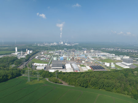 Hurth, North RHein Westphalia, Germany, May 9th, 2024: The Knapsack gas power plants are situated at Hurth Knapsack outside Cologne in North Rhine-Westphalia, Germany. Aerial view.のeditorial素材
