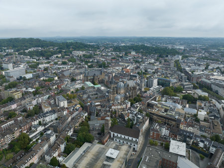 Aachen Cathedral, Rathaus Aachen in Germany. City view, aerial drone videoの写真素材