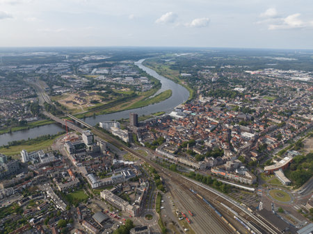 Venlo, city center overview, river meuse, buildings and infrastructure.の写真素材