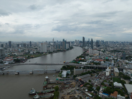 The Chao Phraya River and Bangkoks skylineの写真素材