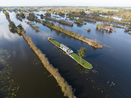 aerial drone view on Loosdrechtse plassen, leisure water recreation area in The Netherlands.の写真素材