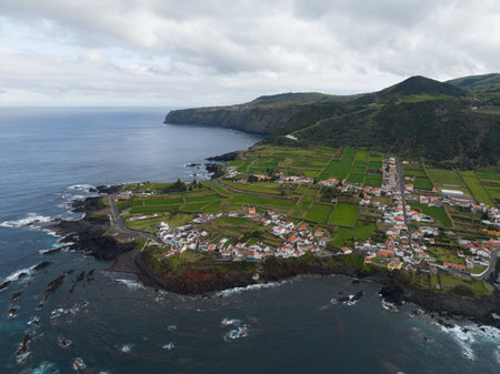 Coastal cliffs at the village of Mosteiros, Azores, Sao Miguel, Portugal. Island in the atlantic ocean.の写真素材