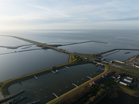 Kornwerderzand, Afsluitdijk, The Netherlands, sluices on the side of Friesland, infrastructure, water barrier. dutch icon.の写真素材