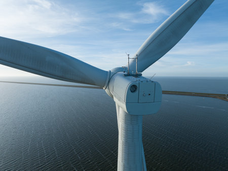 Wind turbines, off shore, renewable energy, Afsluitdijk, The Netherlands.の写真素材