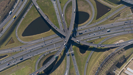 Network of highways, infrastructure, mobility and transport. Roads, cars, intersection. Motorway, dynamic.の写真素材