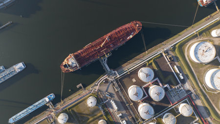 Top down view on petroleum ship loading and unloading terminal. Storage silos for gas, liquids. Tanker in port. Shipping global logistics.の写真素材
