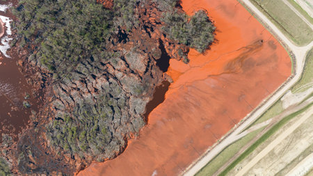 Red mud, tailings lake from industrial waste, from aluminium production process.の写真素材