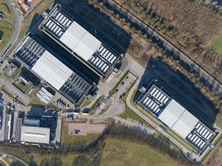 aerial photos of large scale data center, computing center, Germany. Iot, Big data, IT, information technology, digital infrastructure, AI, Artificial intelligienceの写真素材