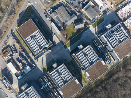aerial photos of large scale data center, computing center, Germany. Iot, Big data, IT, information technology, digital infrastructure, AI, Artificial intelligienceの写真素材