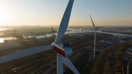 wind turbines in the port of Amsterdam, The Netherlands. Industrial commercial port. Aerial viewの写真素材