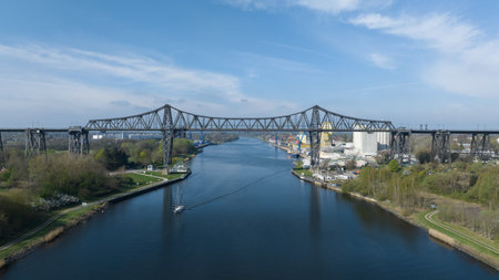 Kiel canal high bridge, railroad, water canal between baltic and north sea. Aerial photoの写真素材