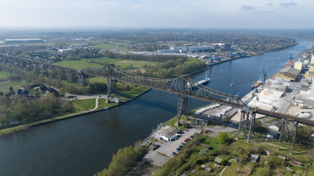 Kiel canal high bridge, railroad, water canal between baltic and north sea. Aerial photoの写真素材