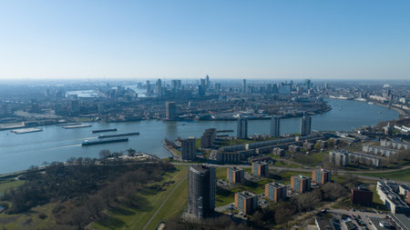 Rotterdam, Nieuwe Maas, city skyline, South Holland, The Netherlands, aerial photo.の写真素材