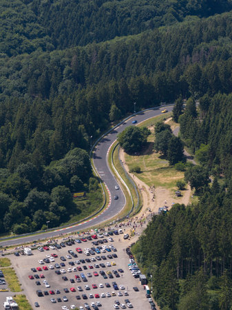 Nordschleife race track, motorsports, racing, Nurburgring. Touristen fahrten. Aerial video. Germany, Adenau, eifel region.の写真素材
