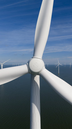 close up view of a wind turbine, offshore, renewable energy, clean energy, alternative energy.