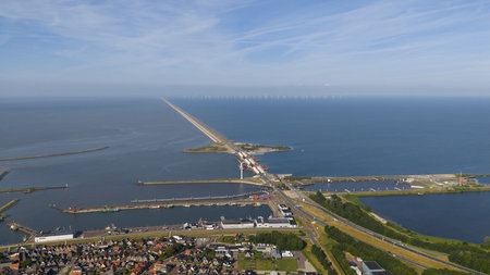 Afsluitdijk, seen from Den Oever, aerial photo. Dutch water barrier. Infrastructure.の写真素材