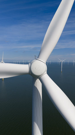 Wind turbine, close up view. Green energy, windmill blades.
