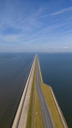 Afsluitdijk, road and water barrier from North Holland to Friesland, The Netherlands.