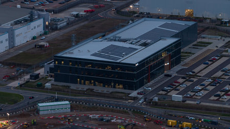 Cardiff, South Glamorgan, Wales, October, 30, 2025: KLA Cardiff: Aerial Photo of Process Control Facility at data center complex.のeditorial素材