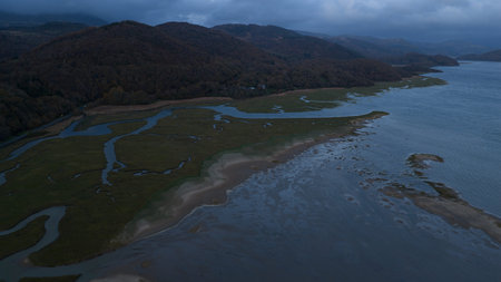 Barmouth Mawddach Estuary Sunset Aerial Viewの写真素材
