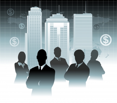 Businessman team in front of world mapのイラスト素材