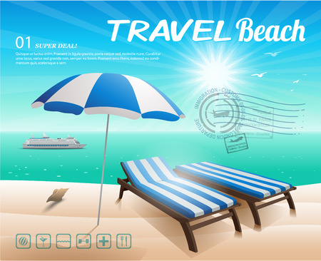Beach chair and umbrella on sand beach illustration backgroundのイラスト素材