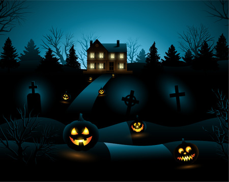 Blue Halloween invitation haunted house backgroundのイラスト素材