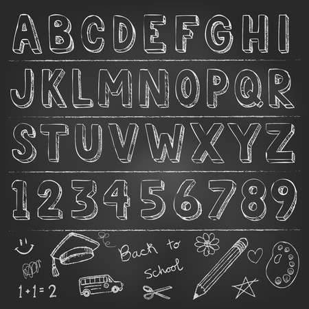 Hand drawn trendy alphabet typography with letters and numbersのイラスト素材