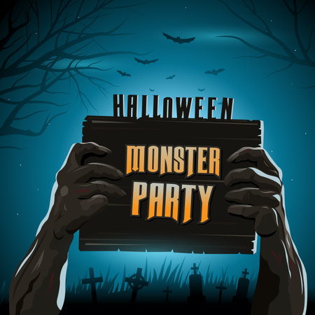 Halloween vector illustration zombie's arms from the ground with invitation banner partyのイラスト素材