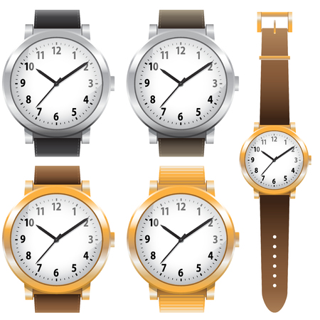 Gold and watches classic design expensive watch set. Vector illustration isolated on whiteのイラスト素材