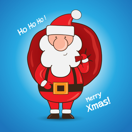 Cartoon Santa Claus holding a gift bag on blue backgroundのイラスト素材