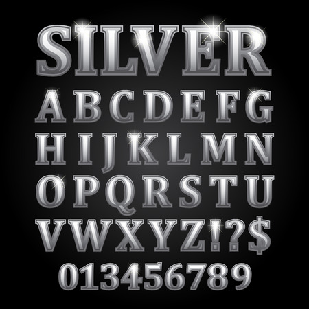 Silver vector shiny letters isolated on black backgroundのイラスト素材