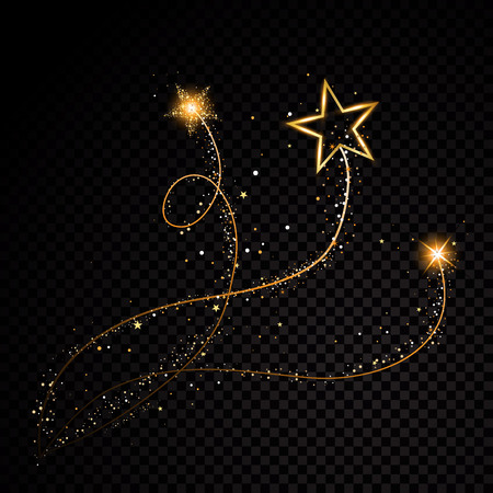 Gold glittering spiral star dust trail sparkling particles on transparent background. Space comet tail. Vector glamour fashion illustration setのイラスト素材