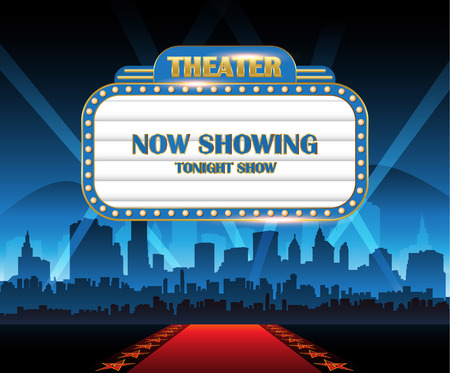 Gold brightly theater glowing retro cinema neon sign with city in backgroundのイラスト素材
