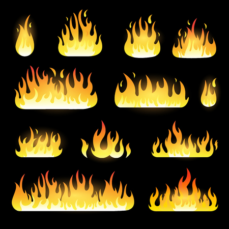 Fire flames vector set isolated on black backgroundのイラスト素材