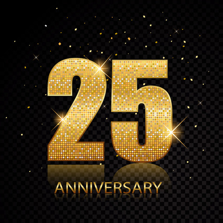 25th anniversary golden numbers isolated on black transparent background. Vector illustrationのイラスト素材