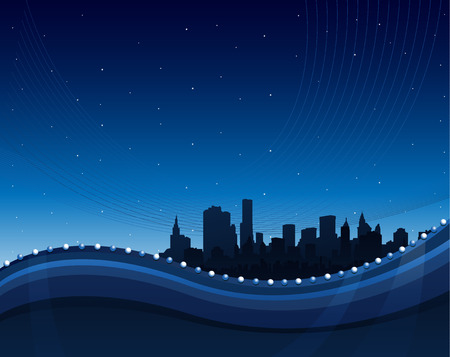 Abstract green waving background with cityscape silhouetteのイラスト素材