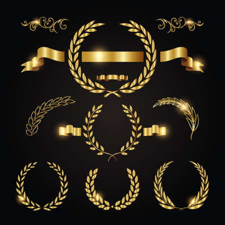 Laurels and decorative frame banner golden design setのイラスト素材